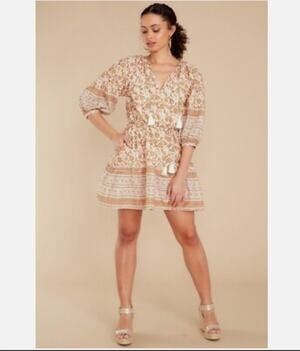 Cleobella Mini Dress Medium Floral Tassel Blouson Sleeves Boho Cottage Core